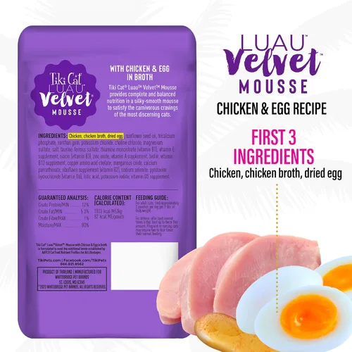 Vista 5 de Tiki Cat Luau Velvet Mousse, pollo y huevo en caldo, nutrición completa para una dieta equilibrada, comida húmeda para gatos para todas las etapas