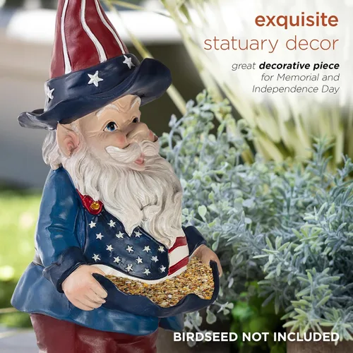 Vista 5 de Alpine Corporation Gnomo de jardín americano para exteriores de 12 pulgadas de alto con comedero para pájaros y decoración de estatua de patio