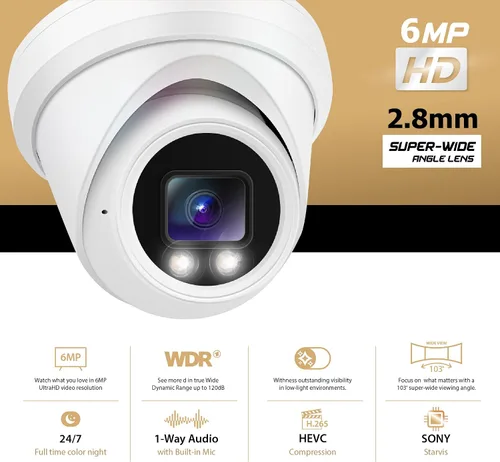 Vista 2 de Marquis Cámara domo de torreta IP PoE de 6MP con micrófono, gran angular de 0.110 in, visión nocturna a todo color 24/7, luz dual, resistente a