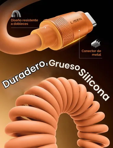 Vista 5 de LISEN Paquete de 2 cables USB C a USB C en espiral de carga rápida de 60 W Naranja