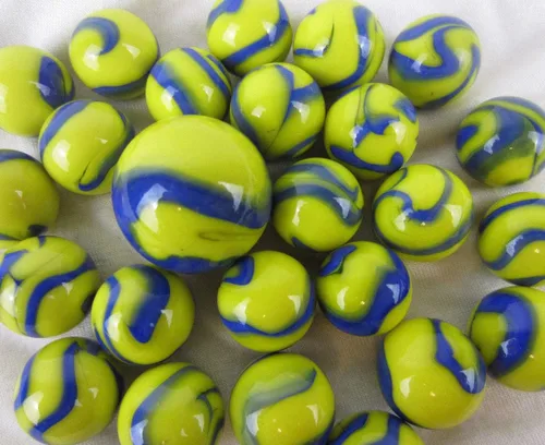 Vista 2 de ~25 canicas de vidrio azul Tang Dory amarillo/azul remolino estilo clásico paquete de juego (24 jugadores, 1 tirador) decoración/relleno