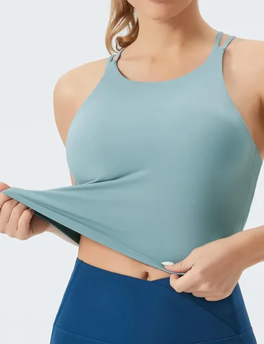 Vista 2 de THE GYM PEOPLE Sujetador deportivo con espalda cruzada para mujer, cuello halter, camiseta corta sin mangas con almohadillas extraíbles