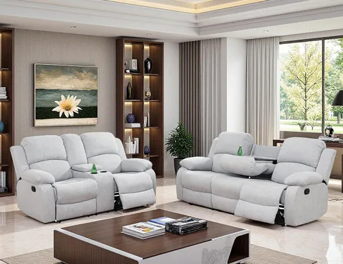 Vista 45 de Juego de Muebles para Sala de Estar, Juego de Sofá Reclinable Manual, Juegos de Sofás Reclinables de Cuero Beige con Mesa Desplegable, Sofá