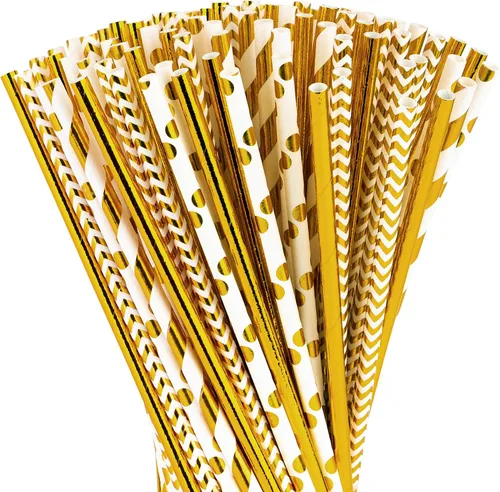 Vista 8 de DuraHome - Paquete de 200 pajitas de papel biodegradables con diseño de rayas doradas y rosas de 8.25 pulgadas para uso diario, fiesta de Dorado