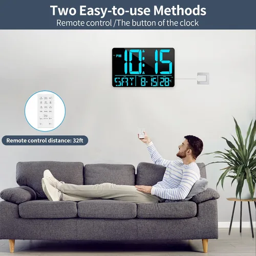Vista 3 de PERSUPER Reloj de pared digital de 13" con pantalla grande con control remoto, 25 melodías de alarma, temperatura, calendario, brillo automático