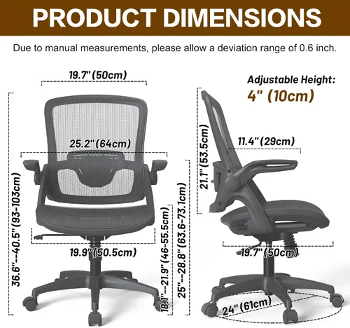 Vista 3 de KOLLIEE Silla de oficina en casa de malla ergonómica giratoria con soporte lumbar ajustable, silla de computadora cómoda negra con abatible