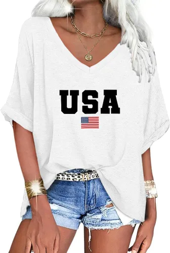 Vista 36 de UNCLECAT Camisetas de gran tamaño con cuello en V para mujer, camisas de manga corta de verano, holgadas, casuales