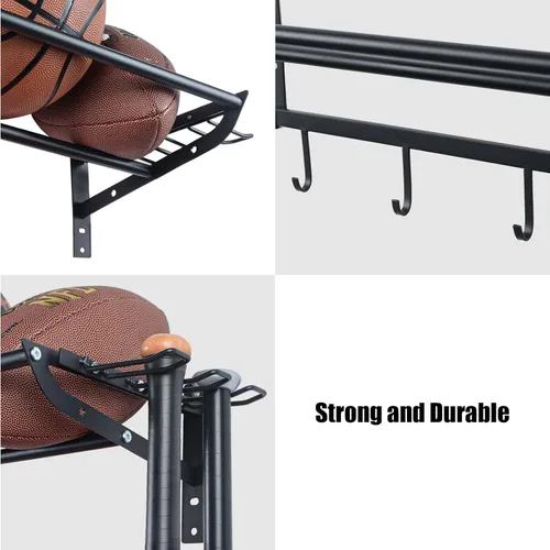 Vista 4 de XCSOURCE Organizador de equipos deportivos, estante de almacenamiento de bolas de 3 niveles con soportes para bates y raquetas, estante