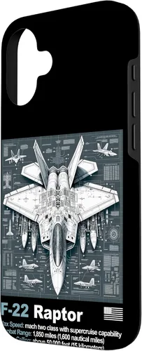 Vista 2 de F22 Raptor Fighter Jet Blueprint - Funda para iPhone 16, diseño técnico y especificaciones