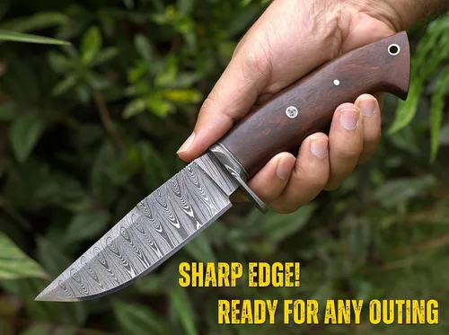 Vista 5 de Cuchillo de caza de Damasco hecho a mano con funda de cuero de transporte horizontal, hoja fija de espiga completa para camping, senderismo