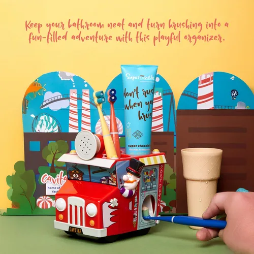 Vista 6 de SuperMouth Paquete de cuidado bucal para niños: organizador de camión de helado con dispensador de pasta de dientes, música y luces + pasta