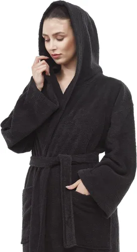 Vista 5 de Arus Bata de baño clásica con capucha para mujer, bata de algodón turco con opciones de longitud completa Negro