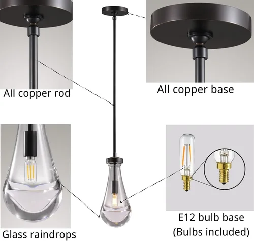 Vista 4 de Luces colgantes de gota de lluvia, modernas luces colgantes negras para isla de cocina, lámpara de comedor con forma de gota de lluvia chandelier