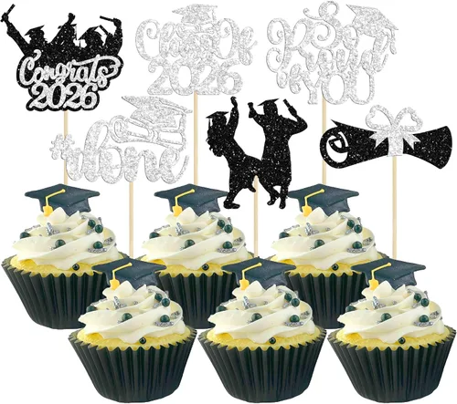 Vista 33 de Gyufise 24 piezas de decoración para cupcakes con purpurina para graduación 2026, decoración de pasteles para graduación 2026, decoración de Negro