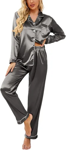 Vista 18 de Ekouaer - Conjunto de pijama de satén de seda clásico con botones para mujer, de manga larga Verde militar