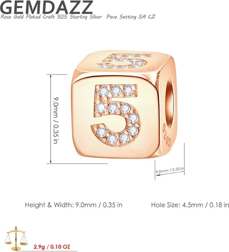 Vista 5 de Juego de dijes familiares para pulsera, colgante de corazón brillante de padre e hija y dije de oro rosa número 5 dados en plata de ley 925, regalo