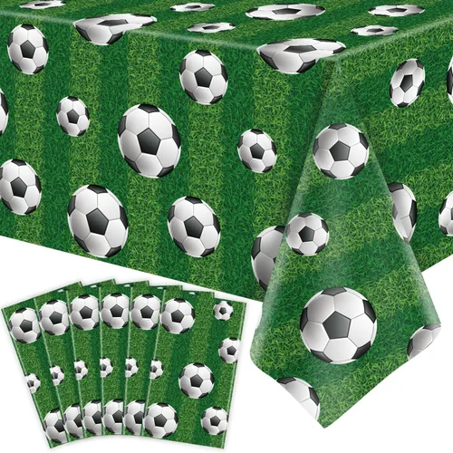 Vista 10 de Paquete de 4 manteles para fiesta de fútbol, manteles deportivos rectangulares de plástico, fundas de mesa para fiestas temáticas deportivas