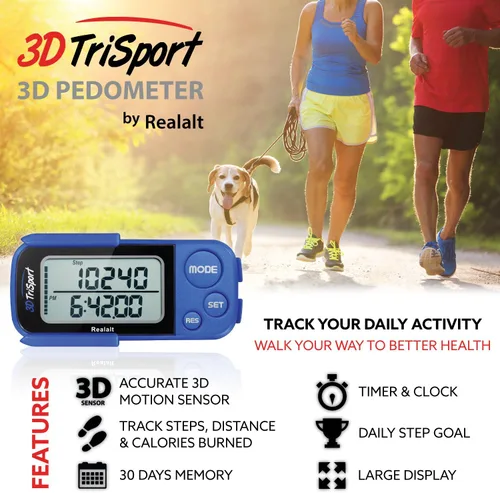 Vista 2 de Realalt 3DTriSport 3D Walking Pedometer with Clip & Strap, Accurate Step Counter with 30-Day Memory, Distance in Miles/KM with Large Display Perfect