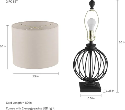 Vista 3 de Lavish Home Lámparas de mesa modernas, negras, juego de 2, 13 x 26 pulgadas Negro mate