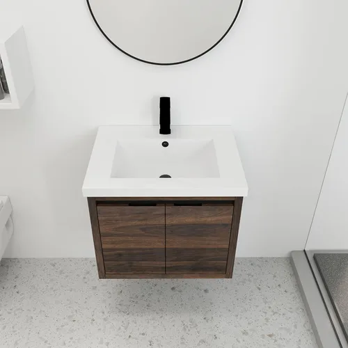 Vista 4 de Juego de tocador de baño de 24 pulgadas con lavabo de gel montado en la pared, diseño moderno, gabinete de montaje de flotador, tocador de baño