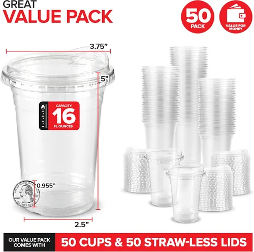 Vista 2 de Vasos de plástico transparente de 16 onzas con tapas desechables, taza Togo con tapa para sorber sin popote para batidos, café helado, limonada