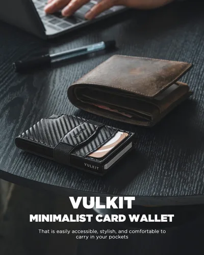 Vista 5 de VULKIT Billetera desplegable para tarjetas con correa de dinero, bolsillo frontal de cuero, con ventana de identificación, bloqueo RFID, funda