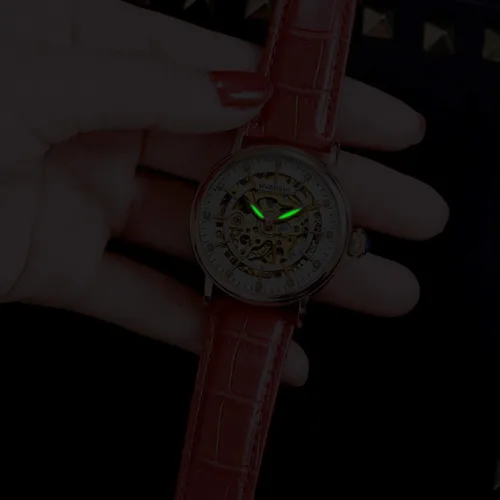 Vista 4 de RORIOS Reloj de esqueleto para mujer, reloj automático de cuerda automática con correa de cuero, reloj de pulsera para mujer