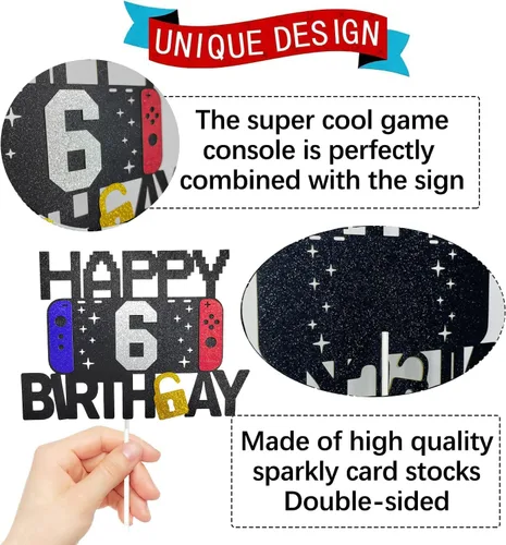 Vista 3 de Decoración de pastel de videojuegos de feliz 6º cumpleaños para niños y niñas de 6 años, decoración de fiesta de cumpleaños de nivel 6