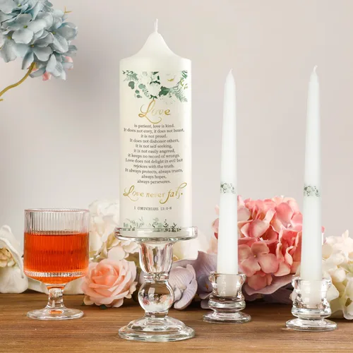 Vista 3 de Extrogif Unity - Juego de velas de boda, kit de ceremonia de 3 piezas con candelabros de cristal, pilar y velas cónicas para ceremonia de boda