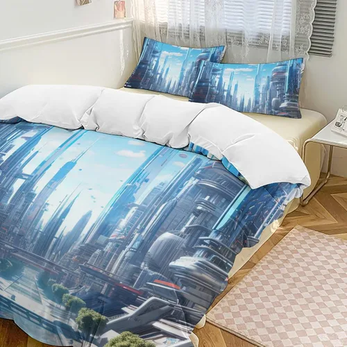 Vista 14 de Landscape Duvet Cover Full Size, Ultra Soft Microfiber Cityscape Bedding Set, 3 Pieces Night Scenery Pattern Comforter Cover Set with Zipper Closure