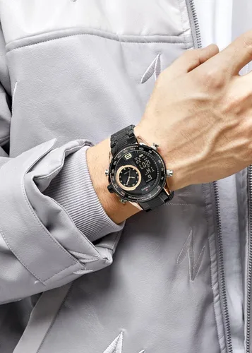 Vista 3 de NAVIFORCE Reloj para hombre, reloj de cuarzo digital de doble pantalla, multifuncional, de acero inoxidable