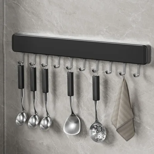 Vista 8 de Percha para utensilios de cocina, ganchos para montar en la pared, sin taladrar, ganchos extraíbles y ajustables, riel de cocina con 8 ganchos