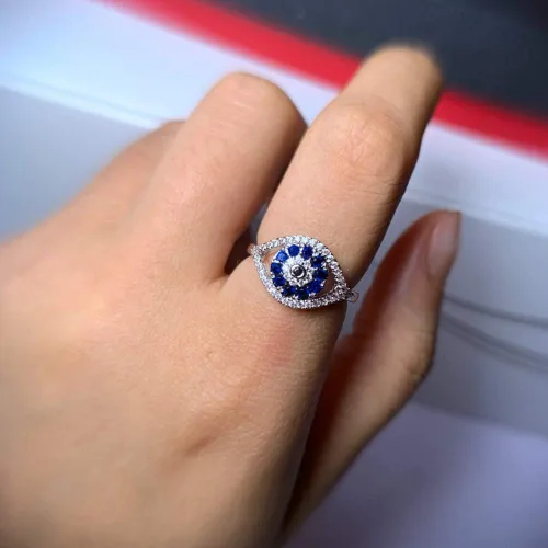 Vista 6 de Anillos de circonita cúbica de ojo turco azul para mujeres, hombres y niñas, chapado en plata esterlina, grueso, apilable, cola media, elegante