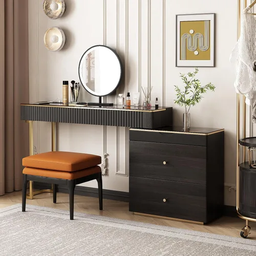 Vista 7 de Lartis Tocador de maquillaje con taburete, muy fácil de montar, combinación de gabinete de TV retráctil, tocador en uno, súper almacenamiento