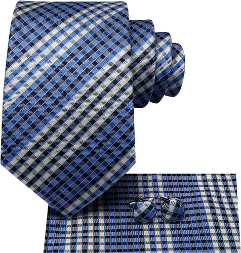 Vista 280 de Hi-Tie Corbata clásica de cachemira para hombre con pañuelo y gemelos a cuadros