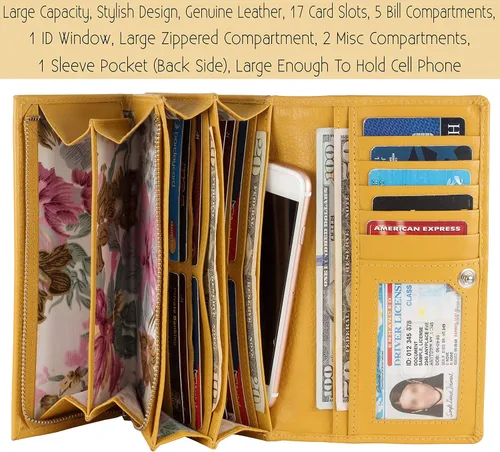 Vista 29 de Mou Meraki - Billetera o bolsa de mano de cuero genuino, con bloqueo de seguridad RFID, con escudo contra el robo de identidad, para mujeres