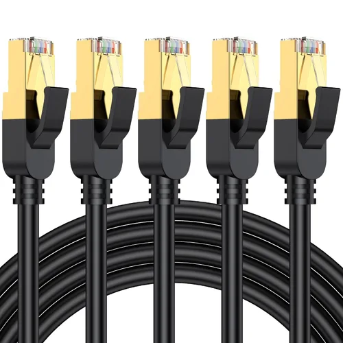 Vista 7 de Cable Ethernet Cat 8, cable de red LAN Cat8 resistente de alta velocidad de 6 pies, 26 AWG, 40 Gbps, 2000 Mhz con conector RJ45 chapado en oro Negro