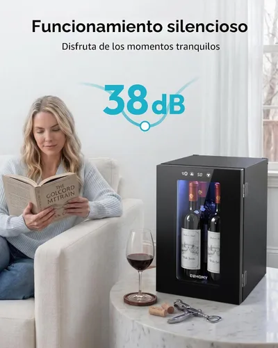 Vista 7 de EUHOMY Nevera de vino independiente de 18 litros, mini nevera para 4 botellas y 6 latas para vino tinto y blanco, bodega con pantalla digital LED
