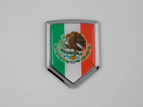 Vista 6 de Calcomanía 3D cromada con la bandera de México, emblema mexicano, forma de escudo de Car Chrome Decals