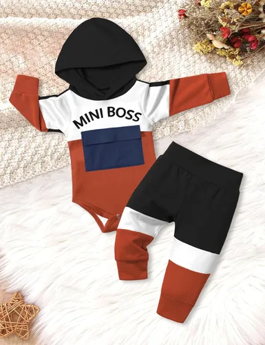 Vista 4 de WIQI Conjunto de 2 piezas de ropa de bebé niño con capucha y bloques de color de manga larga + pantalones largos para otoño e invierno