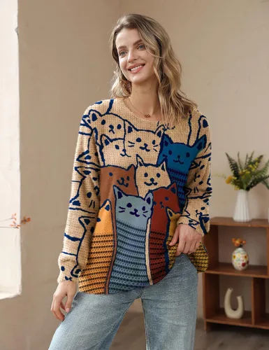 Vista 2 de YESNO Suéter de Navidad para mujer, estampado gráfico, suéteres de gran tamaño, casuales, sueltos, de punto, S01 Floral 064