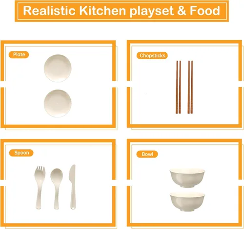 Vista 6 de Bruvoalon Juego de 32 juguetes de cocina para niños, accesorios de cocina con ollas, sartenes, utensilios de cocina, alimentos, verduras enlatadas