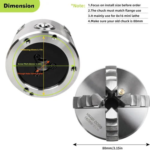 Vista 3 de RATTMMOTOR - Portabrocas de torno de 76 mm de 4 mandíbulas autocentrante de 3" K12-80mm, 6600R/Min 40N.m 10KN, Portabrocas de torno de precisión
