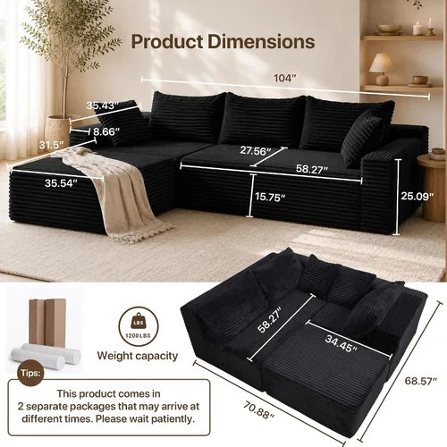 Vista 3 de Claiks Sofá modular de pana de 104 pulgadas sin hueso, asiento profundo de sofá modular de pana, no requiere montaje, color negro