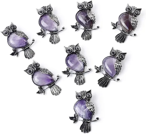 Vista 6 de Jovivi Regalos de búho, collar con dije de piedras de cristal curativo para mujeres y hombres, amatista natural, cuarzo rosa, joyería para reiki