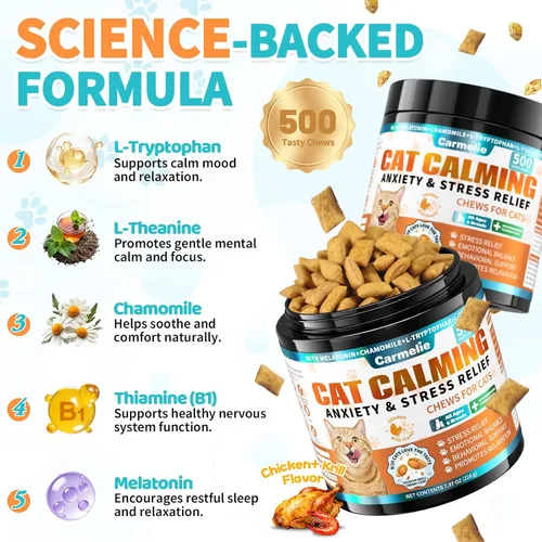 Vista 4 de Golosinas calmantes para gatos, 500 golosinas calmantes crujientes y cremosas con melatonina, manzanilla para gatos, alivio del estrés