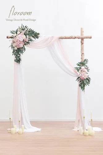 Vista 2 de Floroom Kit de Flores de Arco con Cortinas (Paquete de 4) - 2 piezas de Guirnalda Floral Artificial Rosa Rubor con 2 piezas de Tela Drapeada