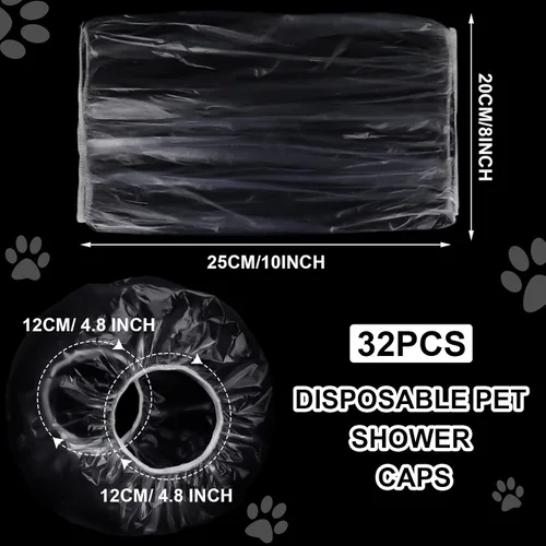 Vista 3 de Weewooday 32 gorras desechables para ducha para mascotas, cubiertas de plástico para orejas de perro, para baño, gotas, protector – Protección