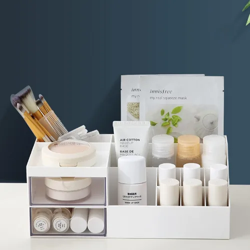 Vista 11 de Organizador de escritorio de maquillaje con cajones, organizador de cuidado de la piel para cosméticos, soporte de tocador para lápiz labial