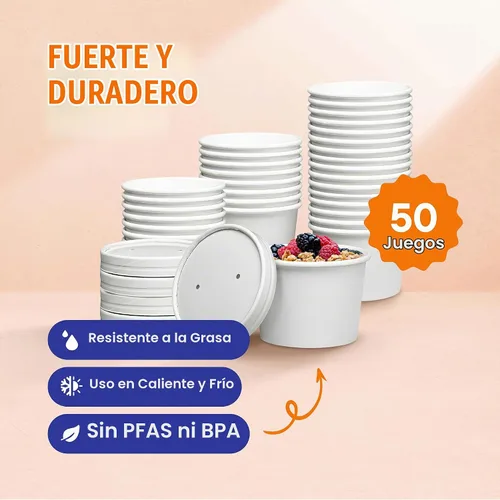 Vista 2 de Recipientes de papel ecológicos para alimentos con tapas, 8 onzas [50 juegos] tazas de sopa